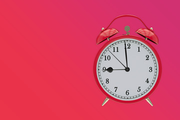 Old red clock on a red, purple gradient background shows 9 hours