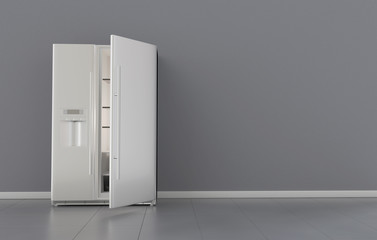 Modern side by side Stainless Steel Refrigerator. Fridge Freezer interior grey. Open right door. 3d rendering