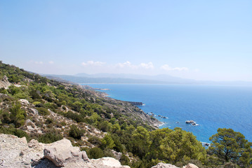 View of the coast from the walls of the ruins of the Monolithos castle, the island of Rhodes, Greece