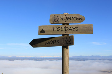 three signs indicating the way to summer, holidays and work