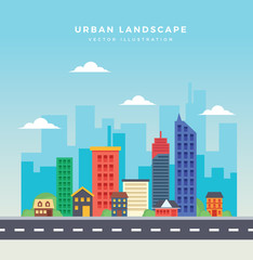 Naklejka premium Urban landscape with high skyscrapers in flat design