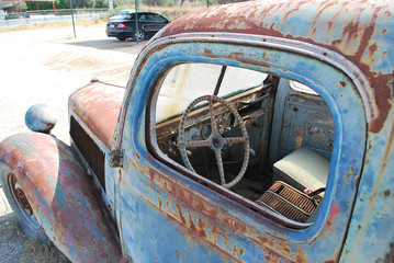 Close-up of the cab of an old rusty pickup car, Rhodes Island, Greece