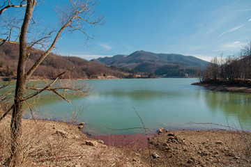 Mountain landscape, lake and mountain range