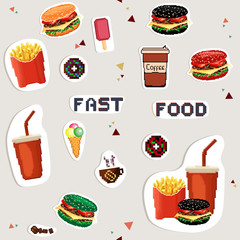 Set stickers of fast food. Colorful hamburgers. Pixel art style.