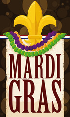 Pennant with Golden Lily Flower and Collars for Mardi Gras, Vector Illustration