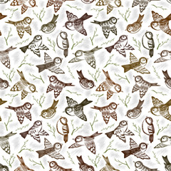 Seamless pattern with sparrows and twigs