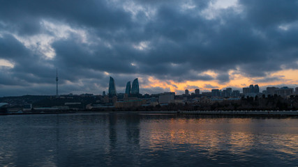 View of the National Seaside Park in Baku city, Azerbaijan at sunset time