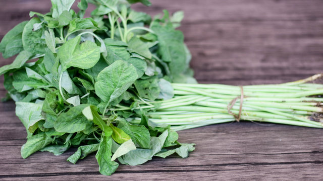 A bundle of fresh spinach on wood background.