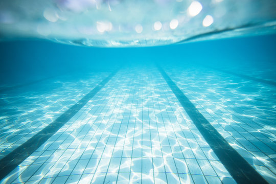 Wide Angle Underwater Photo Inside An Olympic Sized Swimming Pool With Racing Lanes