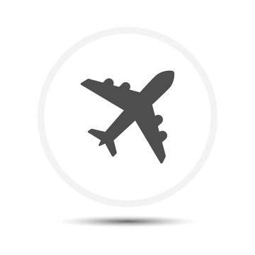 Airplane icon with shadow in circle on white background
