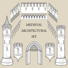 Set of the Medieval Castle architectural elements. Defencive structures. Towers, battlements, gates. Designers kit. EPS10 vector illustration