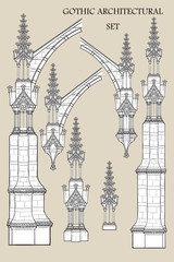 Set of the medieval gothic architectural elements. Flying buttresses, ornate towers. EPS10 vector illustration