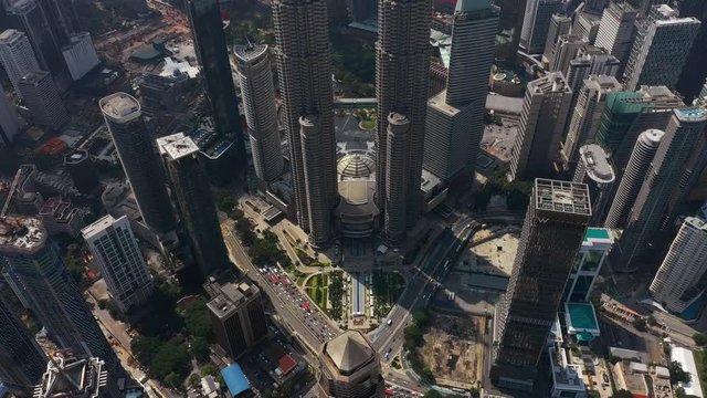 sunny day kuala lumpur city downtown famous towers traffic square aerial panorama 4k malaysia
