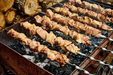 Cooking meat strung on skewers in a barbecue in the heat smoldering hive. Toasted pieces of meat look very appetizing on skewers.