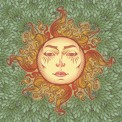 Decorative composition with stylized human faced sun. Medieval gothic style seamless pattern. EPS10 vector illustration