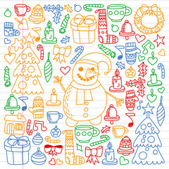 Vector set of Christmas, illustration. New Year's pattern, children's drawings with a teacher icons in doodle style. Painted, colorful, pictures on a piece of linear paper on white background.