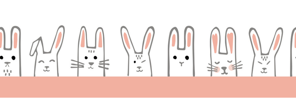 Seamless horizontal pattern with bunny faces. Rabbits Vector border or tape