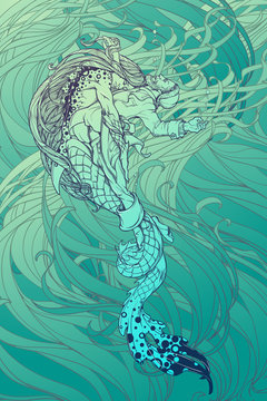 Triton saving a drowning fisherman. Gender reversed story about a little mermaid. Wavy Seaweed background. Concept illustration. EPS10 vector illustration