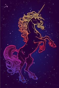 Rearing up Unicorn. Fantasy concept art for tattoo, logo. Colour drawing isolated on starry night sky background. EPS10 vector illustration.