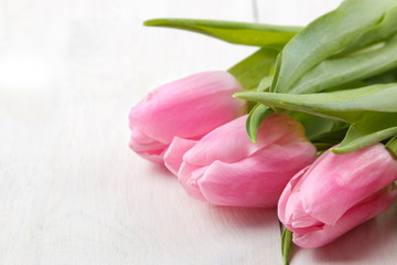 A bouquet of beautiful pink tulips flowers on a white wooden table. Spring. holidays. close-up