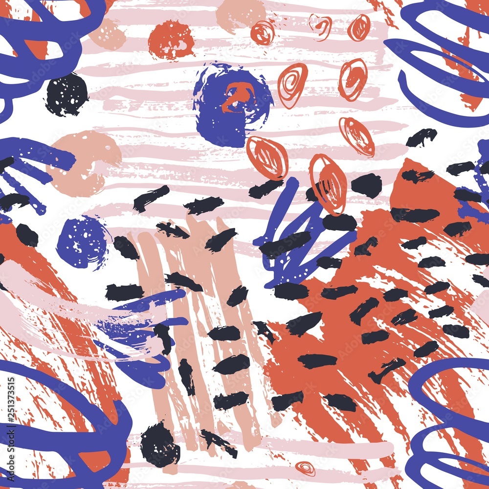 Poster artistic seamless pattern with paint stains, marks, traces, scribble on white background. modern vec