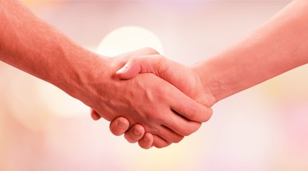 Fototapeta premium Business handshake and business buildings on light background