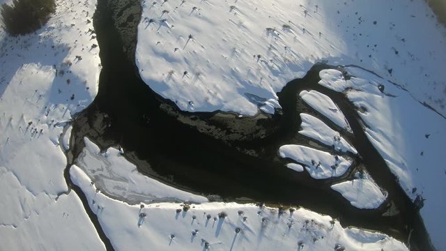 Frozen Lake Snow Islands Birds Eye View Floating Aerial