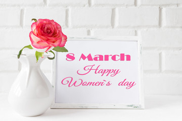 March 8 postcard congratulations on Women's Day framework spring holiday card with rose flower
