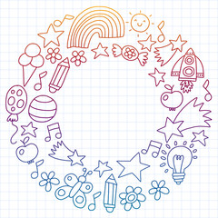 Children garden, Patern, Hand drawn children garden elements pattern, doodle illustration, Vector, illustration, Vertical,