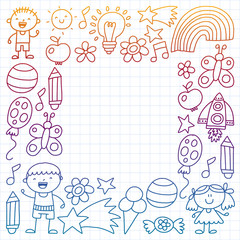 Children garden, Patern, Hand drawn children garden elements pattern, doodle illustration, Vector, illustration, Vertical,