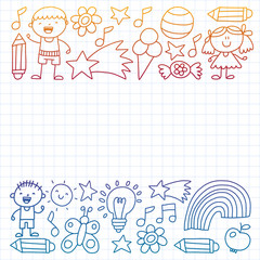 Children garden, Patern, Hand drawn children garden elements pattern, doodle illustration, Vector, illustration, Vertical,