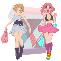 Set of fashion girls with bags in the store. Customer