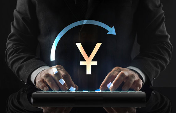 Business man working in office and icons appearing