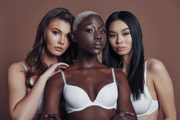 Irresistible girls. Three attractive young women looking at camera while standing against brown...