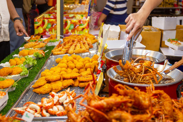 Thai street foods, Thai sea foods style at market Bangkok of Thailand.