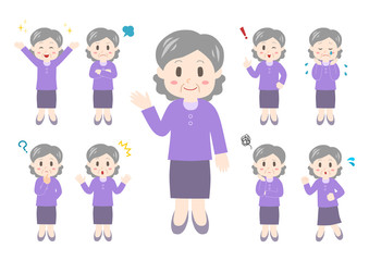 シニア女性のポーズと表情のイラスト: 全身セット