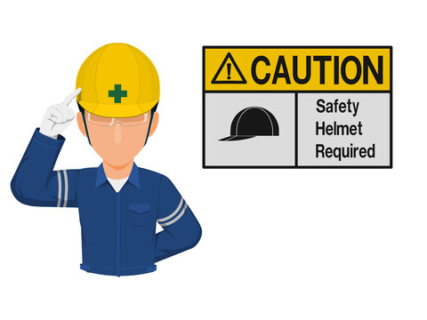 Industrial worker is presenting helmet sign