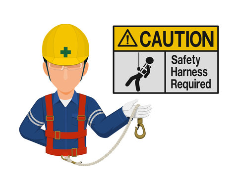 Industrial worker is presenting safety harness sign