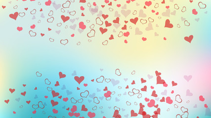 Red hearts of confetti are flying. Red on Gradient background Vector. Light background. Part of the design of wallpaper, textiles, packaging, printing, holiday invitation for birthday.