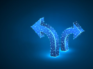 Crossroad direction two ways arrows wireframe digital 3d illustration. Low poly crossway choice concept with lines, dots and starry sky blue background. Raster polygonal road guide neon sign RGB