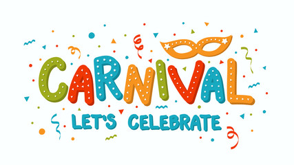 Carnival greeting card with colorful mask and confetti. Vector