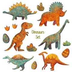 Set of textured dinosaurs with footprint and eggs