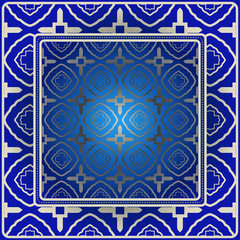 Obraz premium Decorative Colorful Geometric Ornament With Decorative Border. For Fashion Print, Bandanna, Tablecloth, Neck Scarf. Blue silver color