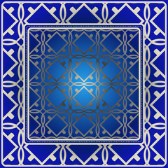 Obraz premium Background, Geometric Pattern With Ornate Lace Frame. Illustration. For Scarf Print, Fabric, Covers, Scrapbooking, Bandana, Pareo, Shawl. Blue silver color