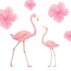 Pink watercolor flamingo character digital clip art cute two birds tropical summer set illusration Pink flowers on white background