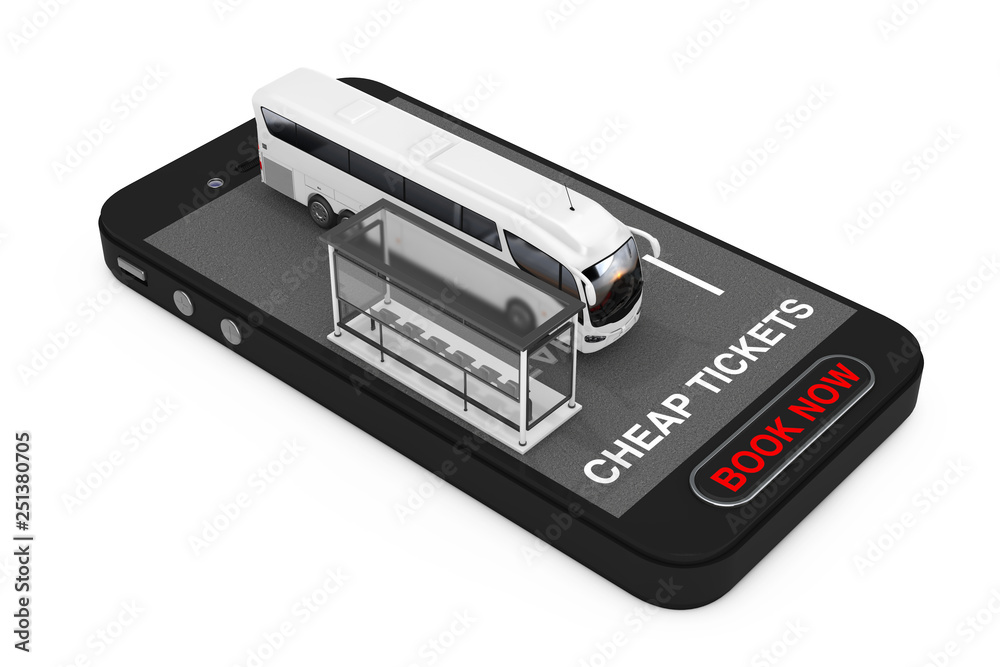 Poster big white coach tour bus with bus station over mobile phone with cheap tickets sign and book now but