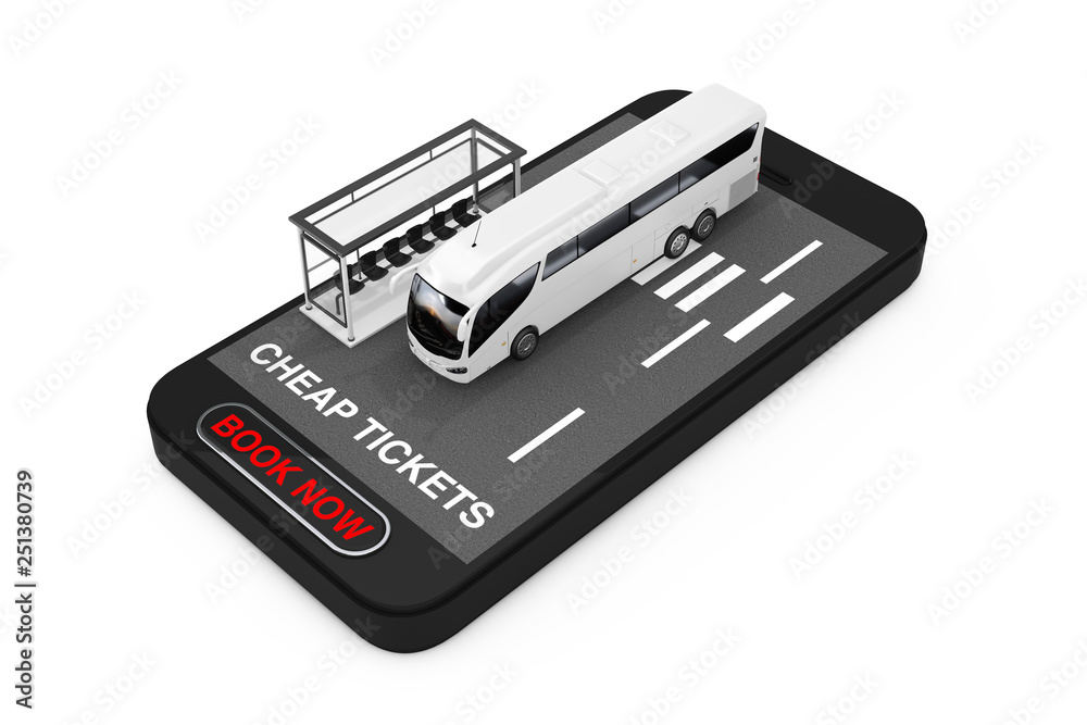 Poster big white coach tour bus with bus station over mobile phone with cheap tickets sign and book now but