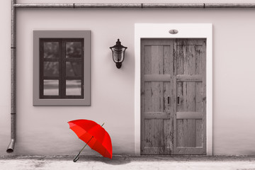 Red Umbrella in front of Retro Vintage European House Building in Monochrome Style, Narrow Street Scene. 3d Rendering