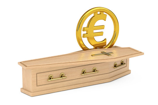 Golden Euro Currency Symbol Sign in Wooden Coffin With Golden Cross and Handles. 3d Rendering