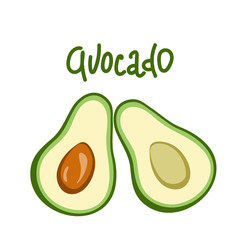 Vector avocado food icon. isolated on white background. Avocado fruit whole and half. Avocado illustration in flat minimalism style. hand drawing brush lettering